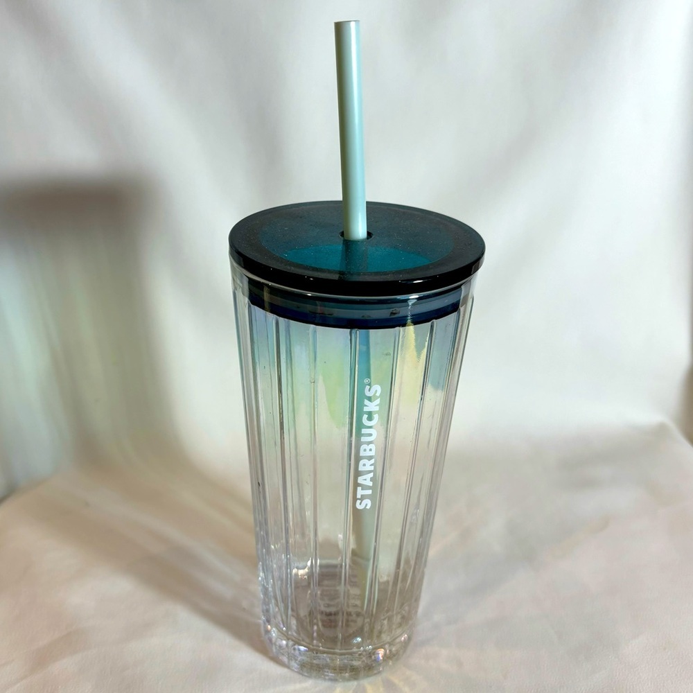 STARBUCKS Glass with Straw Iridescent Glass 8 Fluid Ounces Plastic Lid Straw NEW